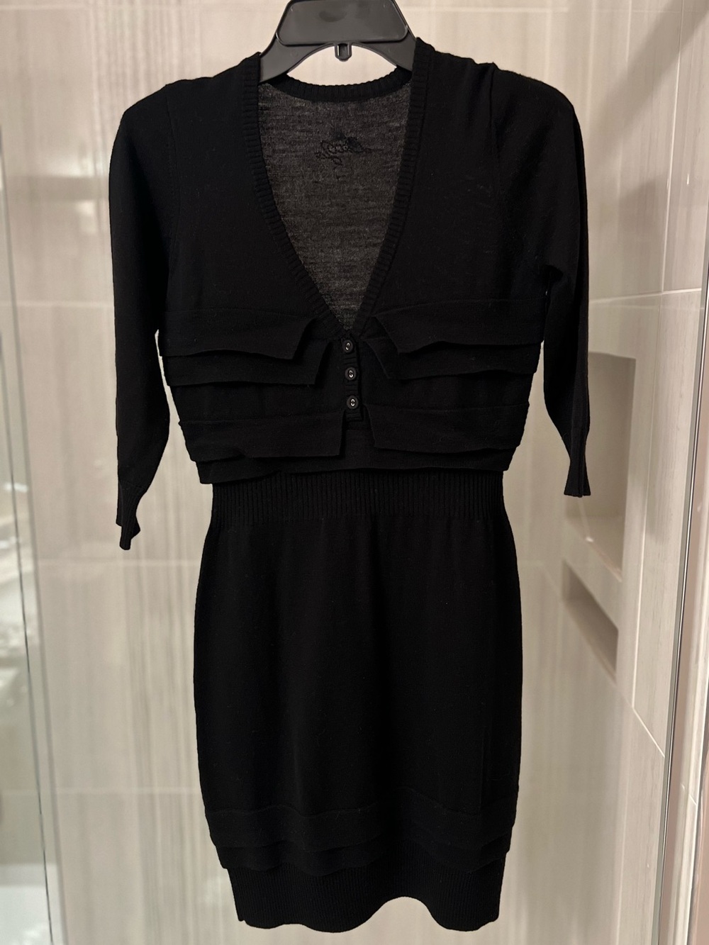 LIU JO 100% Wool Black Layered V-Neck Knit Dress Rhinestone Logo